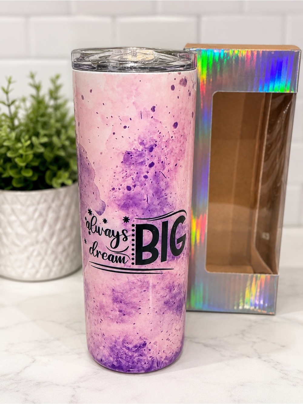 Purple 'Always Dream Big' Stainless Tumbler NEW IN BOX WITH STRAW